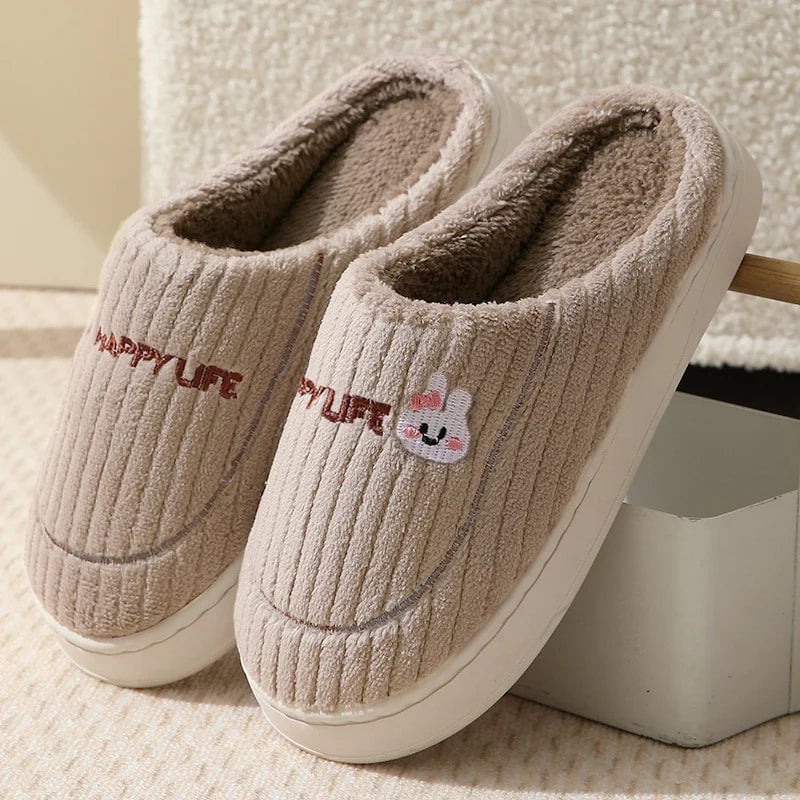 Storazone D-Khaki / 36-37(fit 35-36) 2023 New Winter Fulffy Fur Slippers Men Plush Fleece Flat Slippers Sweet Thick Soled Indoor Cotton Slippers For Couple Shoes