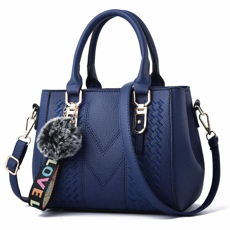 Storazone dark blue / 23X14X19cm Embroidery Messenger Bags Women Leather Handbags Bags for Women Sac a Main Ladies hair ball Hand Bag