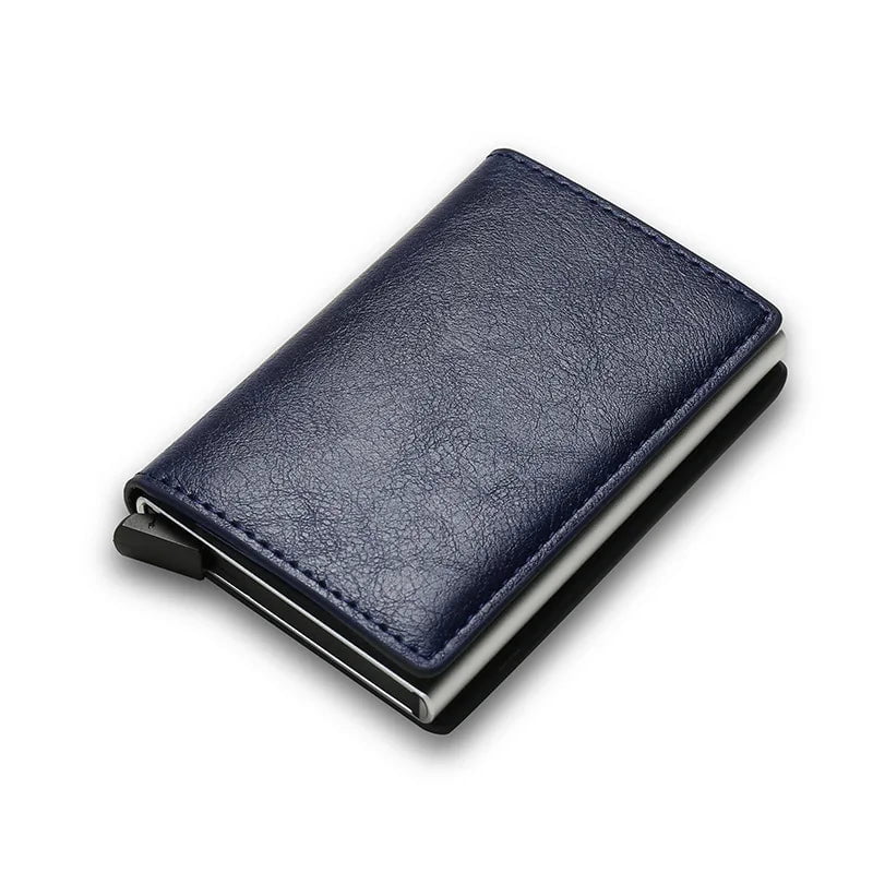 Storazone Dark Blue1 Slim Aluminum Wallet with Elasticity Back Pouch ID Credit Card Holder Mini RFID Wallet Automatic Pop Up Bank Card Case Men Purse