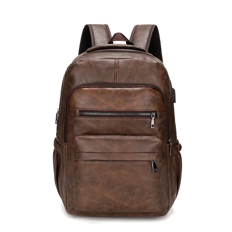 Storazone Dark Brown High Quality USB Charging Backpack Men PU Leather Bagpack Large Laptop Backpacks Male Mochilas Schoolbag For Teenagers Boys