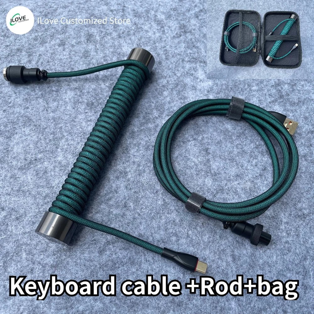 Storazone dark green / 1.8m Coiled Keyboard Cable USB C for Mechanical Gaming Keyboard Double-Sleeved Wire with Detachable Metal Aviator Connector Charging