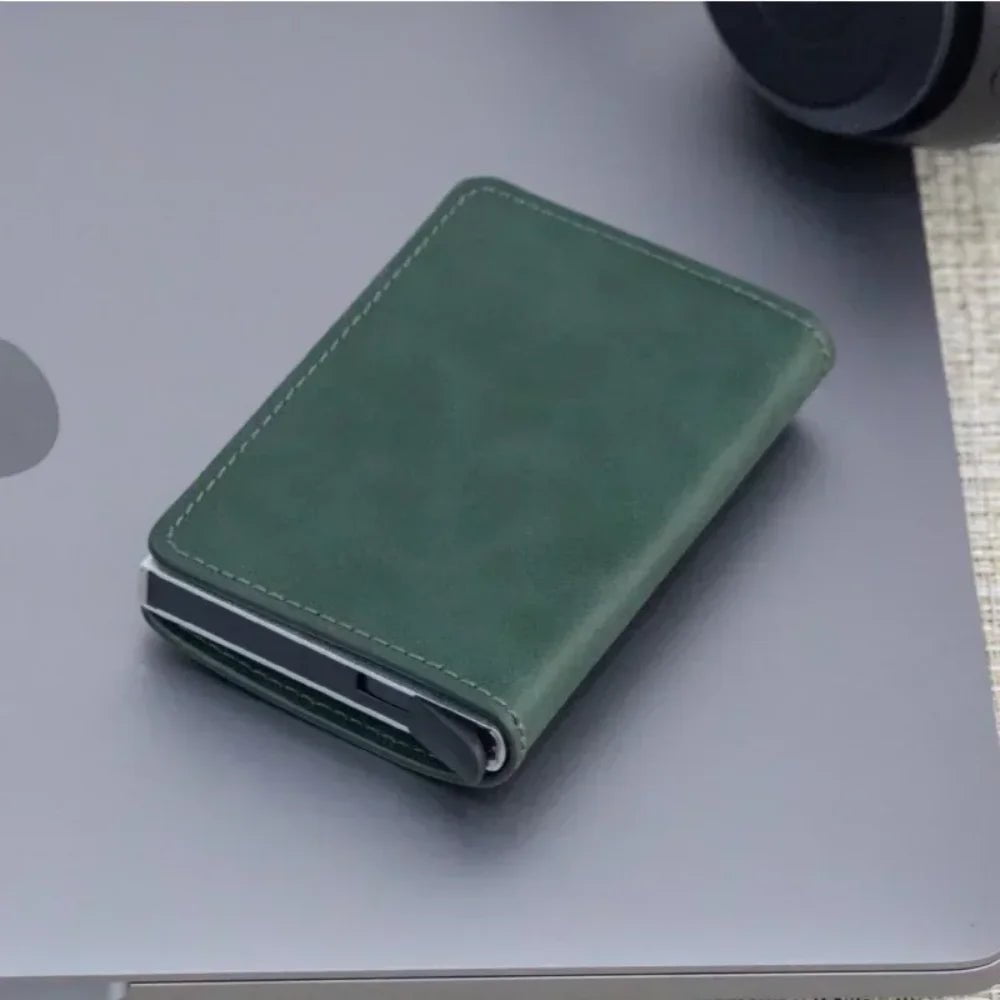 Storazone Dark green 2 Credit Card Holder Men Wallet RFID Blocking Protected Aluminium Box PU leather Wallets with Money Clip Designer pasjeshouder