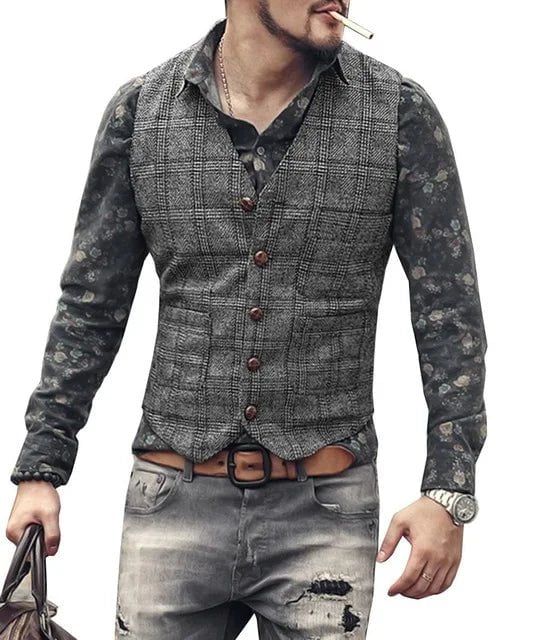 Storazone Dark Grey / S / CHINA mens suit vests men brown black waistcoat vest man plaid steampunk jacket striped tweed v-neck slim fit gilet wedding clothing