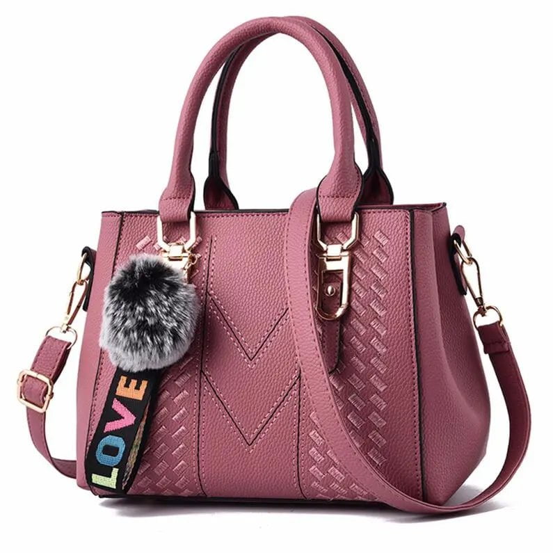 Storazone dark pink / 23X14X19cm Embroidery Messenger Bags Women Leather Handbags Bags for Women Sac a Main Ladies hair ball Hand Bag