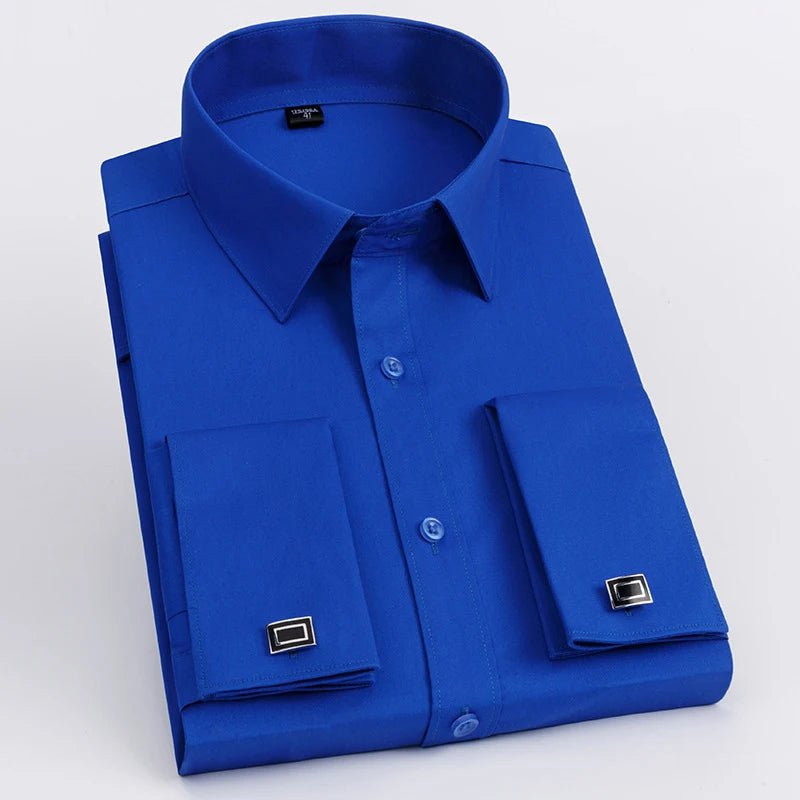 Storazone Deep Blue / 38 Men's French Cuff Dress Shirt Long Sleeve Slim Fit Tuxedo Shirts  with Cufflinks Poly/Cotton Double Button Collar