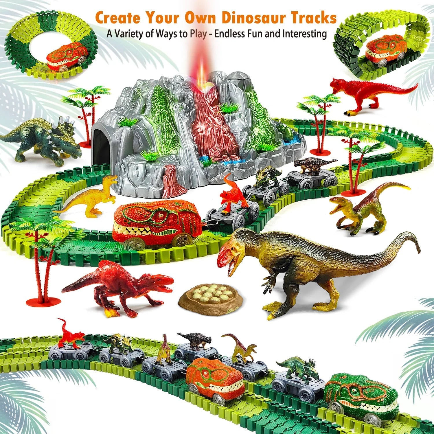 Storazone Dinosaur Toys for Kids Mist-spouting Volcano And Climbing Track Train Kit Toys for Boys/Girls Home schoolers Gift for Party Deco