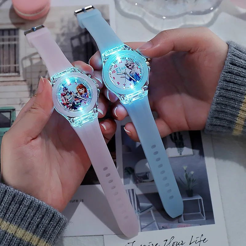 Storazone Disney Girls Kids Watches Children Watch Frozen Princess Aisha Sophia Luminous Student Colorful LED Light Women Lady Clock