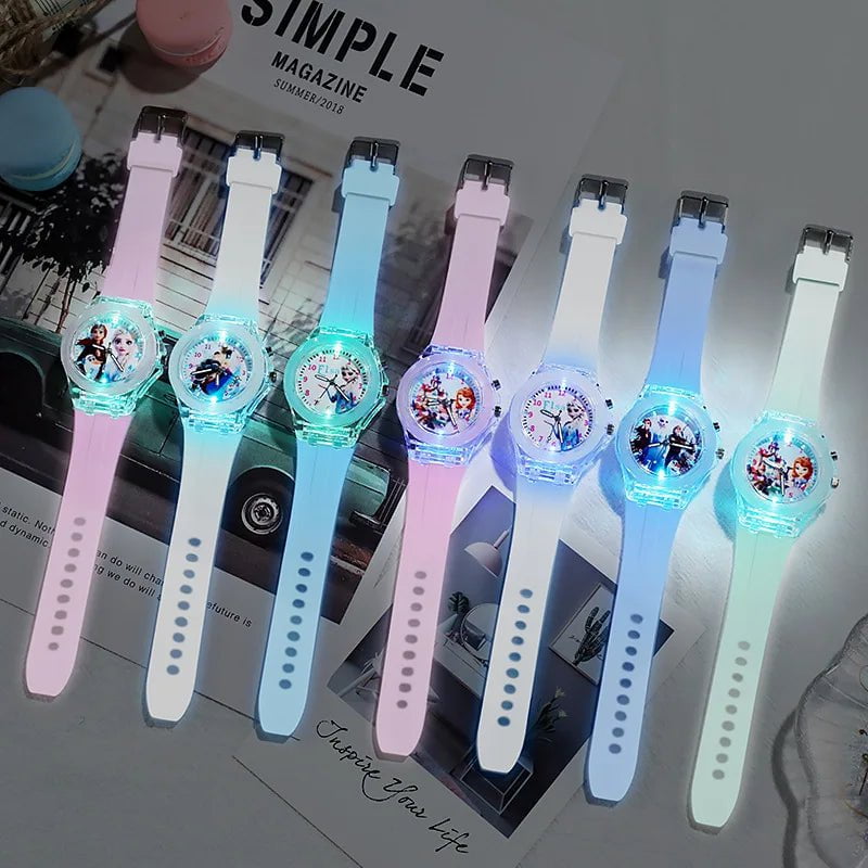 Storazone Disney Girls Kids Watches Children Watch Frozen Princess Aisha Sophia Luminous Student Colorful LED Light Women Lady Clock