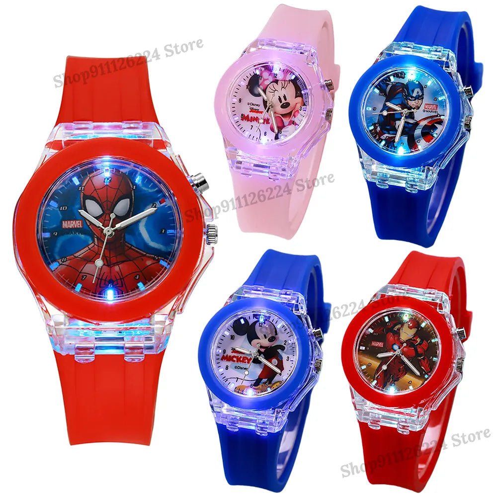 Storazone Disney Mickey Mouse Girls Watches Children Silicone Strap Colorful Light Spiderman Kids Watch Student Quartz Clock reloj infanti