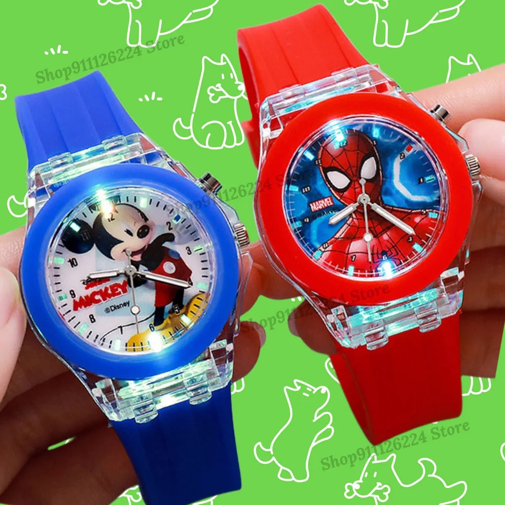 Storazone Disney Mickey Mouse Girls Watches Children Silicone Strap Colorful Light Spiderman Kids Watch Student Quartz Clock reloj infanti