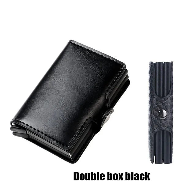 Storazone Double Box Black Custom RFID Blocking Men Wallet Credit Card Holder Leather Card Wallet Double Metal Box ID Card Holder Money Clip Purse New 2023