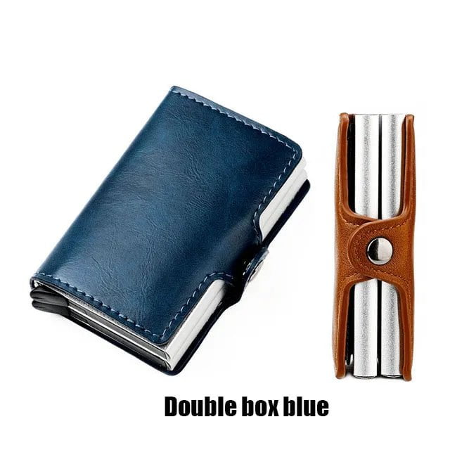 Storazone Double Box Blue Custom RFID Blocking Men Wallet Credit Card Holder Leather Card Wallet Double Metal Box ID Card Holder Money Clip Purse New 2023