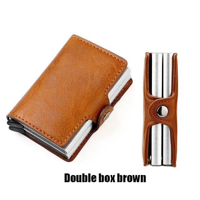 Storazone Double Box Brown Custom RFID Blocking Men Wallet Credit Card Holder Leather Card Wallet Double Metal Box ID Card Holder Money Clip Purse New 2023