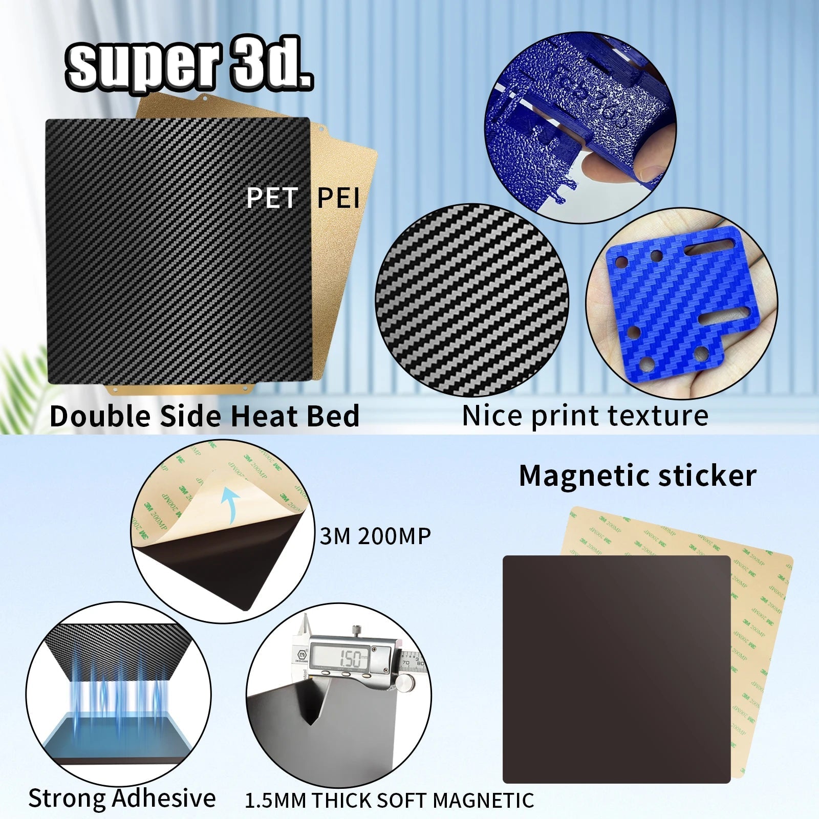 Storazone Double Side PET Carbon Fiber+PEI Spring Steel Sheet PEI Magnetic Build Plate 180/220/235/310/350 Heatbed for Ender 3 p1p Upgrade