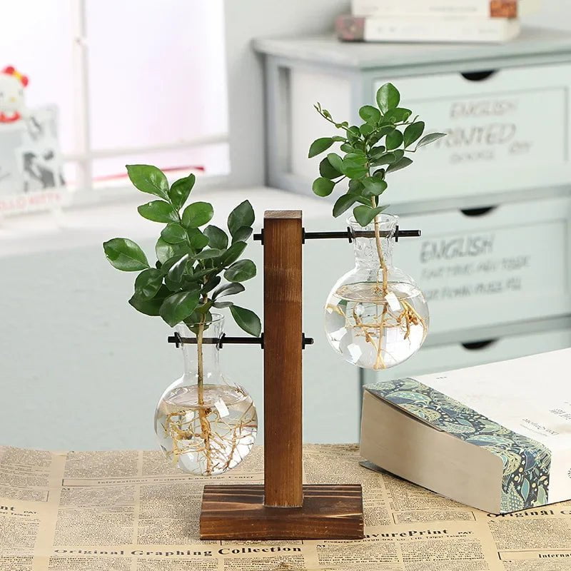 Storazone DoubleBottle Terrarium Hydroponic Plant Vases Vintage Flower Pot Transparent Vase Wooden Frame Glass Tabletop Plants Home Bonsai Decor