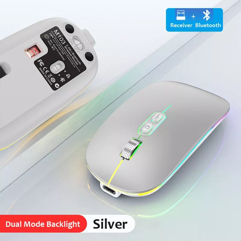 Storazone Dual Mode Silver / CHINA Dual Mode Bluetooth 2.4G Wireless Mouse One-Click Desktop Function Type-C Rechargeable Silent Backlight Mice for Laptop PC New