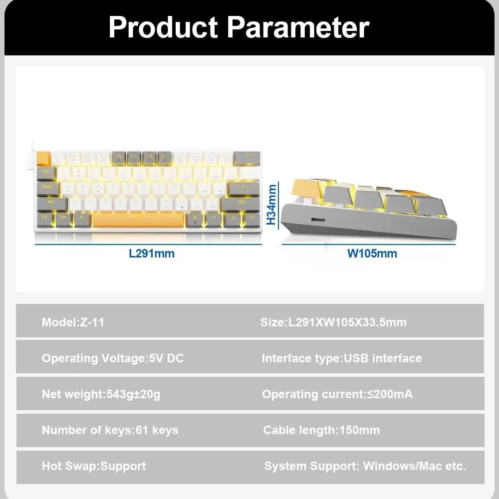 Storazone E-YOOSO Z11 USB Mechanical Gaming Wired Keyboard Red Switch 61 Keys Gamer Russian Brazilian Portuguese for Computer PC Laptop
