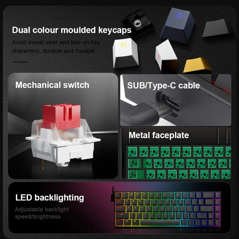 Storazone E-YOOSO Z686 RGB USB 60% Mini Slim Mechanical Gaming Wired Keyboard Red Switch 68 Keys Russian Brazilian Portuguese for Compute