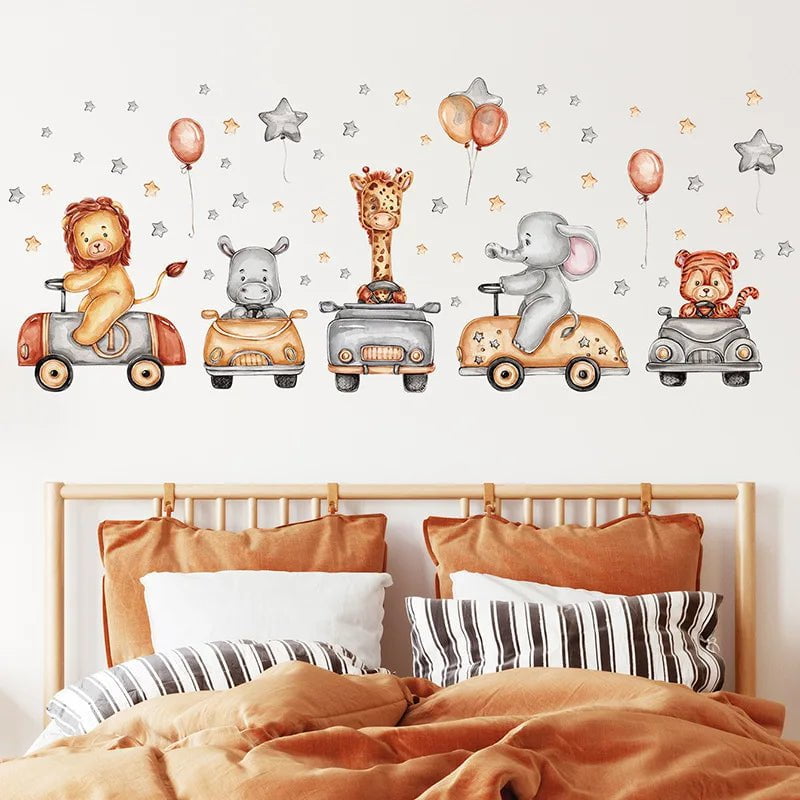 Storazone E1 Nordic Cartoon Animals Wall Stickers for Kids Rooms Girls Boys Baby Room Decoration Giraffe Elephant Train Birds Star Wallpaper