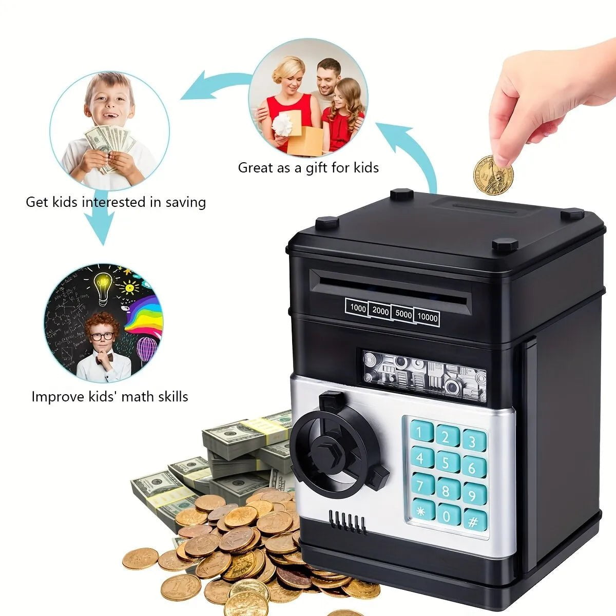 Storazone Electronic Piggy Bank Automatic Mini Safe Coins Cash Saving Money Box Password Counter Code Key Lock Coin Bank ATM Child Gift