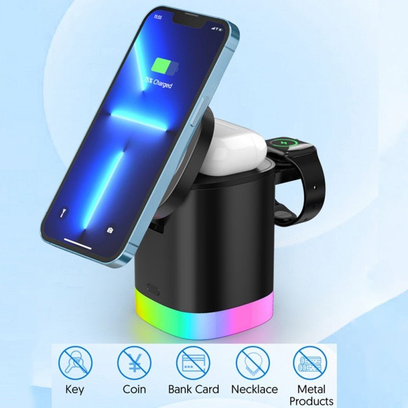 STORAZONE Electronics 3 In 1 Magnetic Wireless Fast Charger For Smart Phone RGB Ambient Light Charging Station For Airpods IWatch