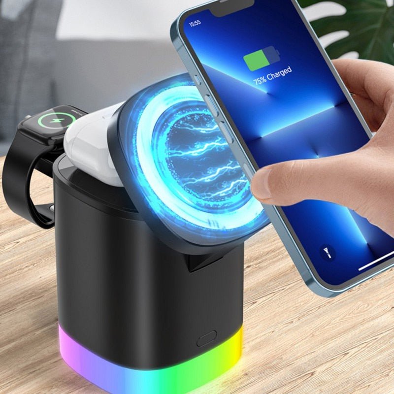 STORAZONE Electronics 3 In 1 Magnetic Wireless Fast Charger For Smart Phone RGB Ambient Light Charging Station For Airpods IWatch