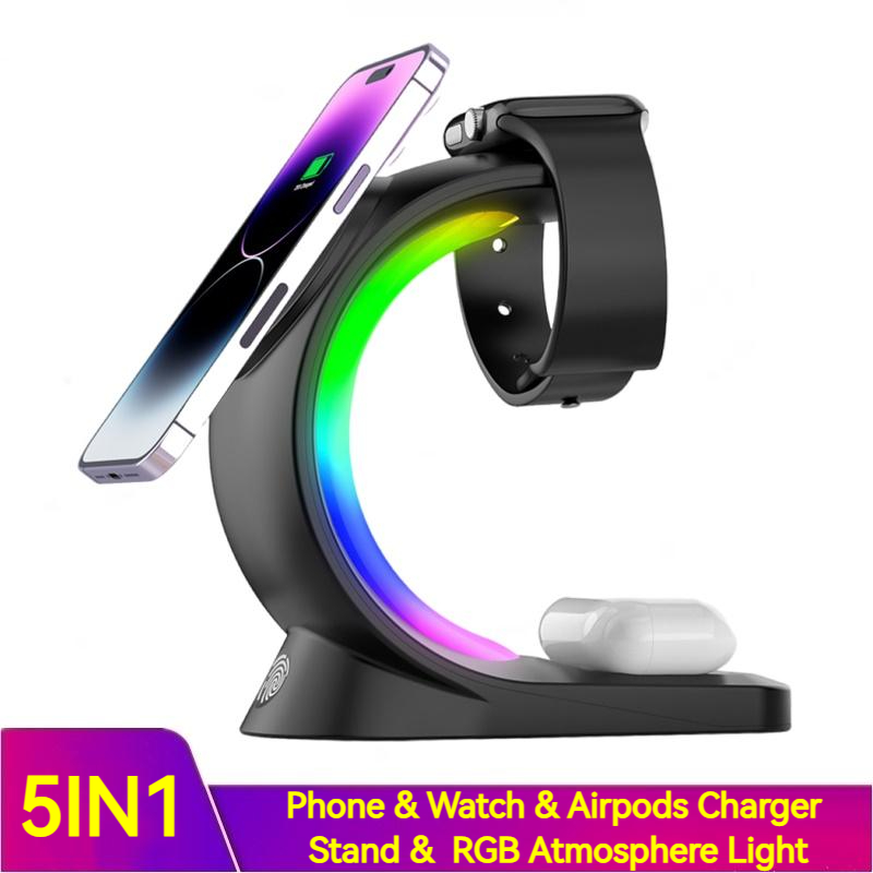 STORAZONE Electronics 4 In 1 Magnetic Wireless Charger Fast Charging For Smart Phone Atmosphere Light Charging Station For Airpods Pro I-phone Watch