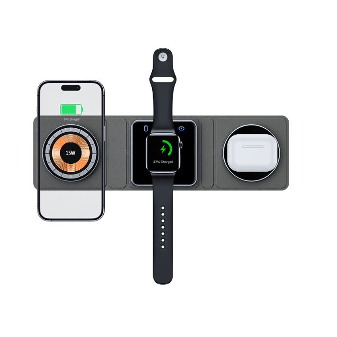 STORAZONE Electronics Black 3 IN 1 Magnetic Folding Wireless Charger Station For IPhone Transparent Fast Charging For IWatch And Airpods