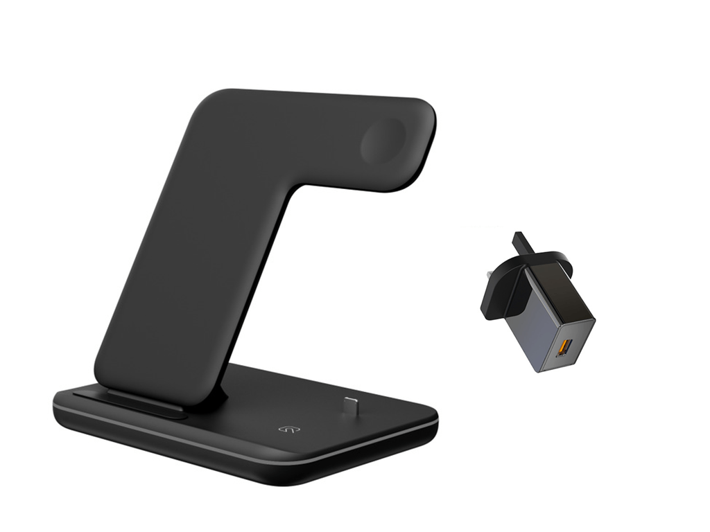 STORAZONE Electronics Black UK plug Set Compatible Mobile Phone Watch Earphone Wireless Charger 3 In 1 Wireless Charger Stand