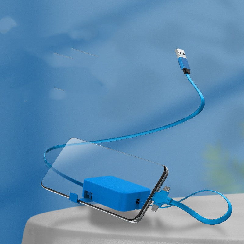 STORAZONE Electronics Blue 4 In 1 Retractable USB Cable Creative Macaron Type C Micro Cable For I Phone With Phone Stand Charging Data Cable Line Storage Box