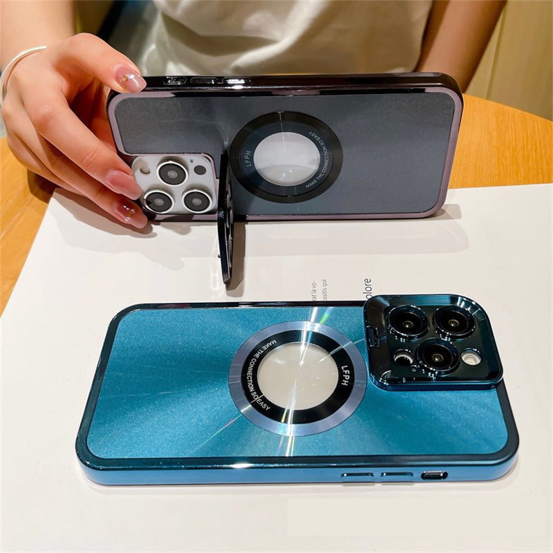 STORAZONE Electronics Electroplated Phone Case Luxury Plating CD Pattern Magsafe Bracket Case For  12 13 14 Pro Max Invisible Camera Stand Holder Lens Holder Magnetic Suction