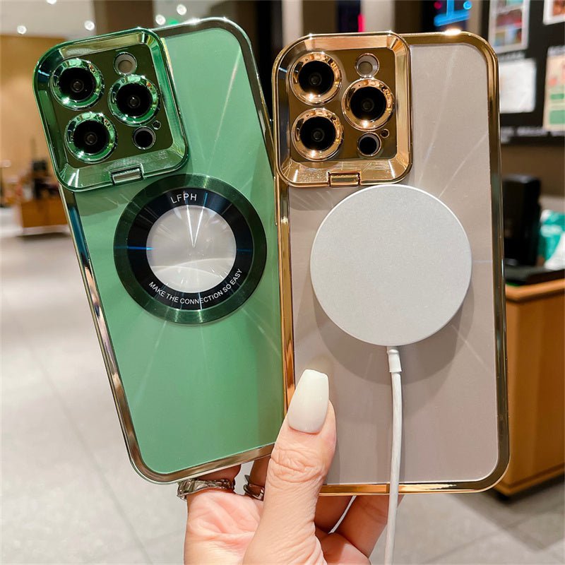 STORAZONE Electronics Electroplated Phone Case Luxury Plating CD Pattern Magsafe Bracket Case For  12 13 14 Pro Max Invisible Camera Stand Holder Lens Holder Magnetic Suction