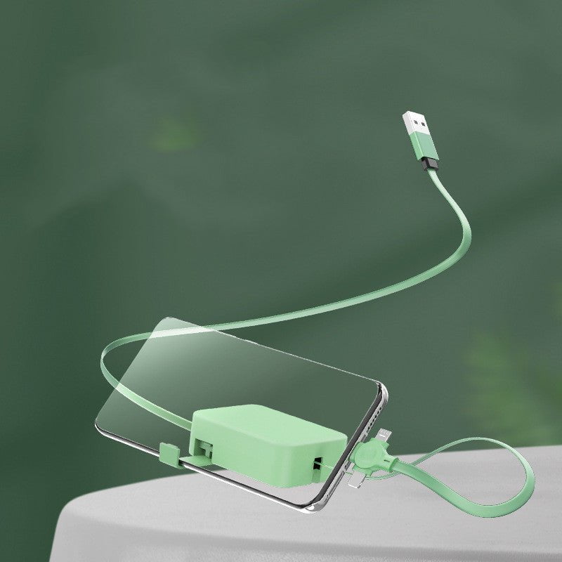 STORAZONE Electronics Green 4 In 1 Retractable USB Cable Creative Macaron Type C Micro Cable For I Phone With Phone Stand Charging Data Cable Line Storage Box