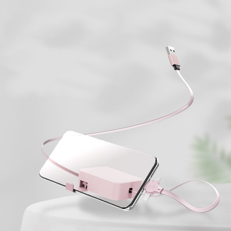STORAZONE Electronics Pink 4 In 1 Retractable USB Cable Creative Macaron Type C Micro Cable For I Phone With Phone Stand Charging Data Cable Line Storage Box