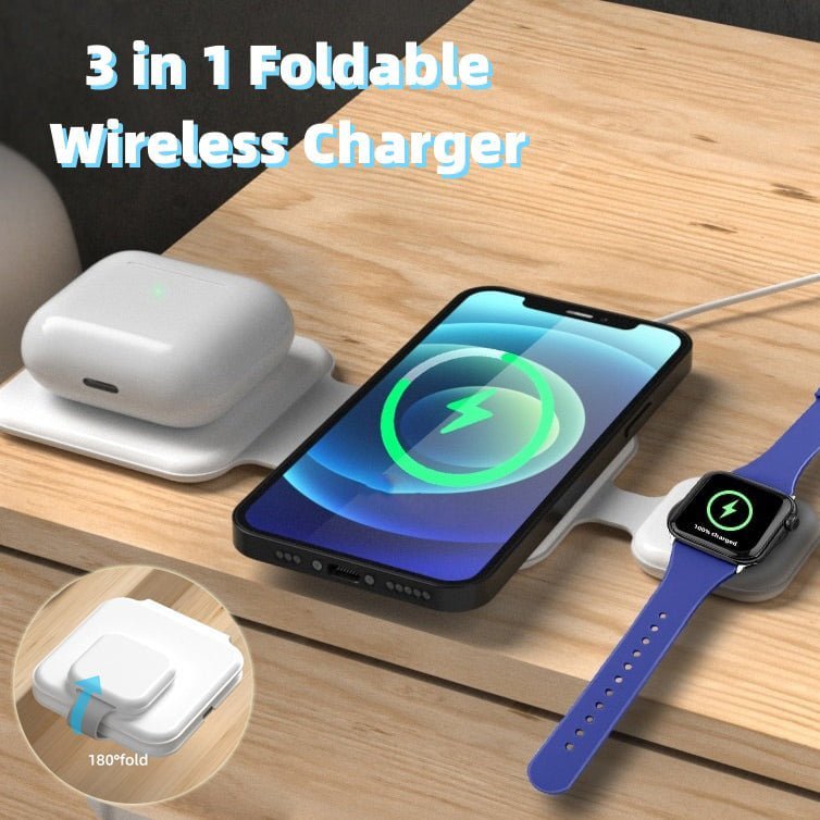 STORAZONE Electronics White 3 In 1 Magnetic Foldable Wireless Charger Charging Station Multi-device Folding Cell Phone Wireless Charger Gadgets