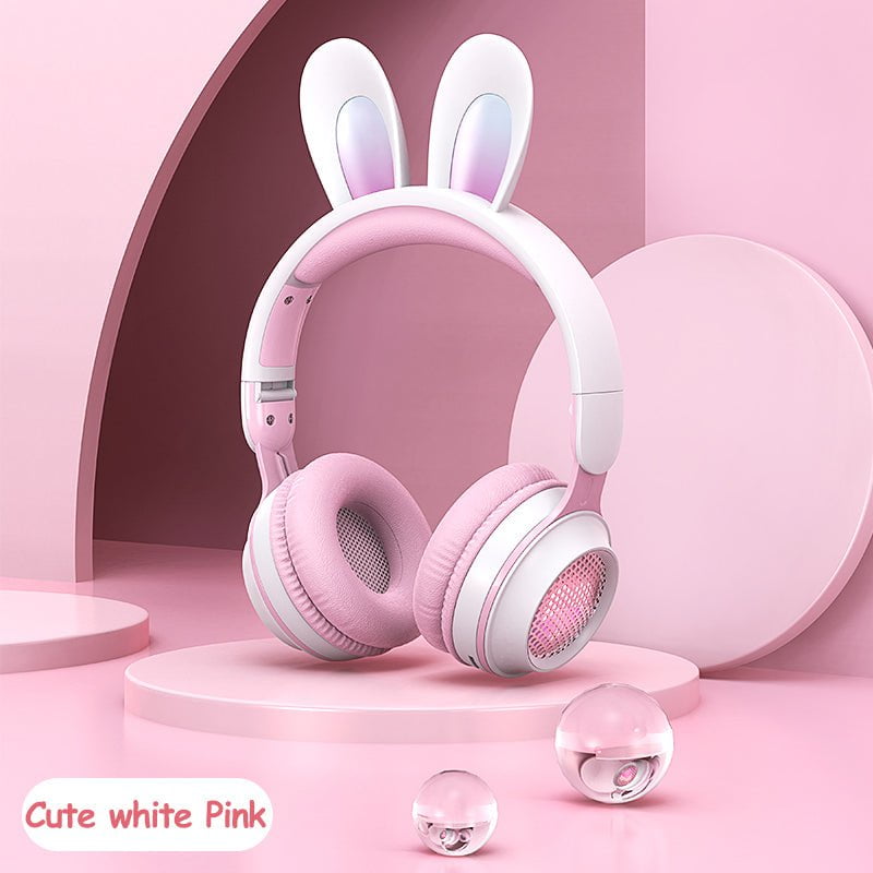 STORAZONE Electronics White pink Rabbit Ear Headphones Wireless Luminous Extendable Wheat Headphones