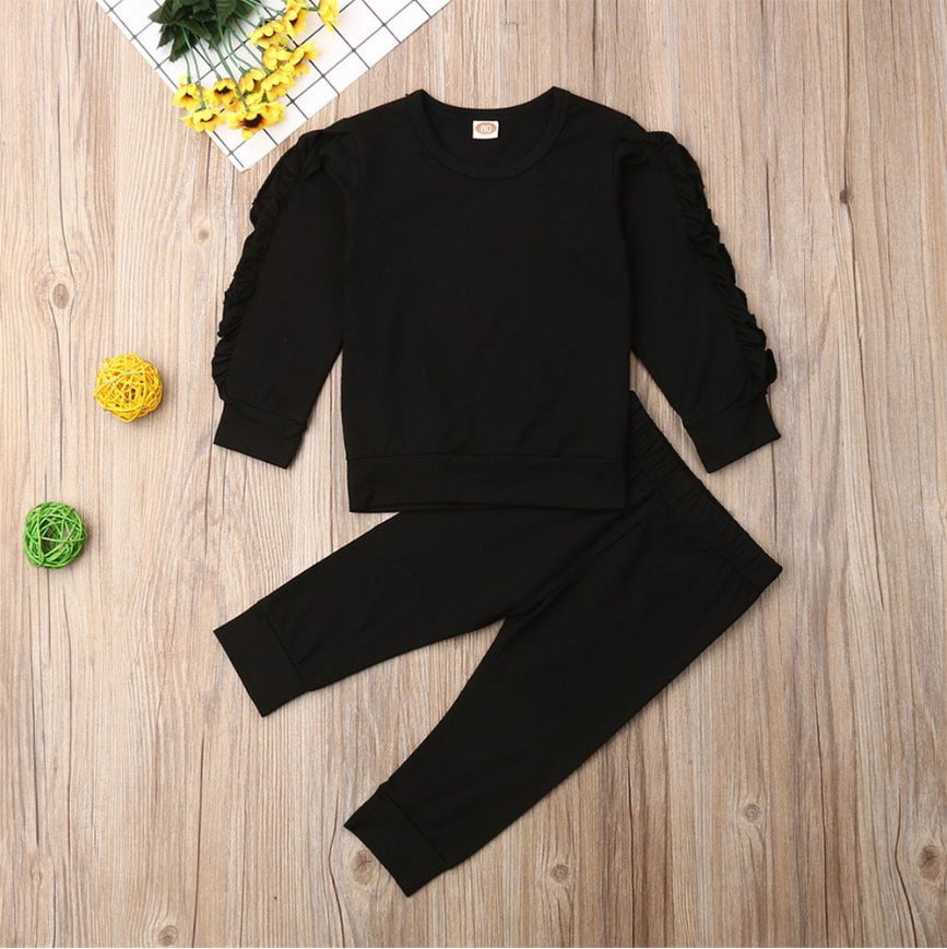 STORAZONE Enfants Black / 100cm Newborn Baby Boys Girls Ruffles Jumper Solid Long Sleeve Sweatshirt Tops Pants Infant Kids 2Pcs Outfits Clothes Set Fall Clothes