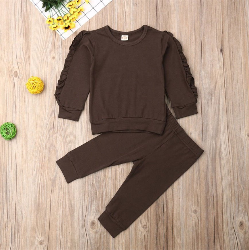 STORAZONE Enfants Brown / 100cm Newborn Baby Boys Girls Ruffles Jumper Solid Long Sleeve Sweatshirt Tops Pants Infant Kids 2Pcs Outfits Clothes Set Fall Clothes