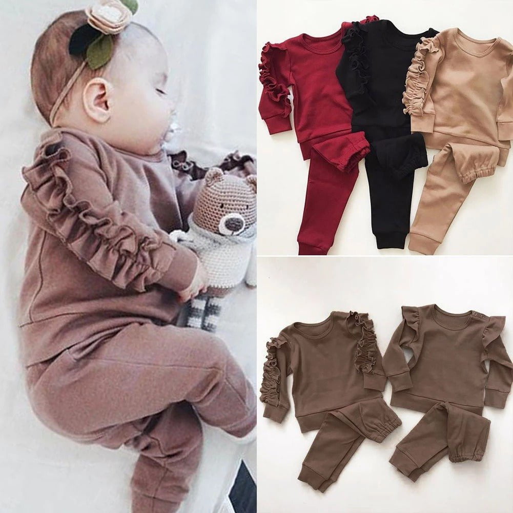 STORAZONE Enfants Newborn Baby Boys Girls Ruffles Jumper Solid Long Sleeve Sweatshirt Tops Pants Infant Kids 2Pcs Outfits Clothes Set Fall Clothes