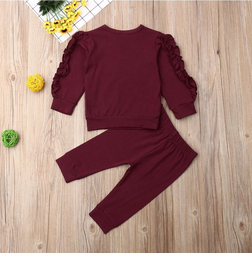 STORAZONE Enfants Wine red / 100cm Newborn Baby Boys Girls Ruffles Jumper Solid Long Sleeve Sweatshirt Tops Pants Infant Kids 2Pcs Outfits Clothes Set Fall Clothes