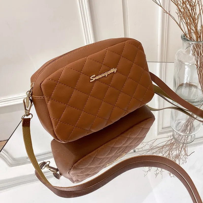 Storazone English Brown 2021 Urban Simple Style Embroidered Pattern Pure Color Chain Shoulder Crossbody Casual Trendy Mobile Phone Small Square Bag