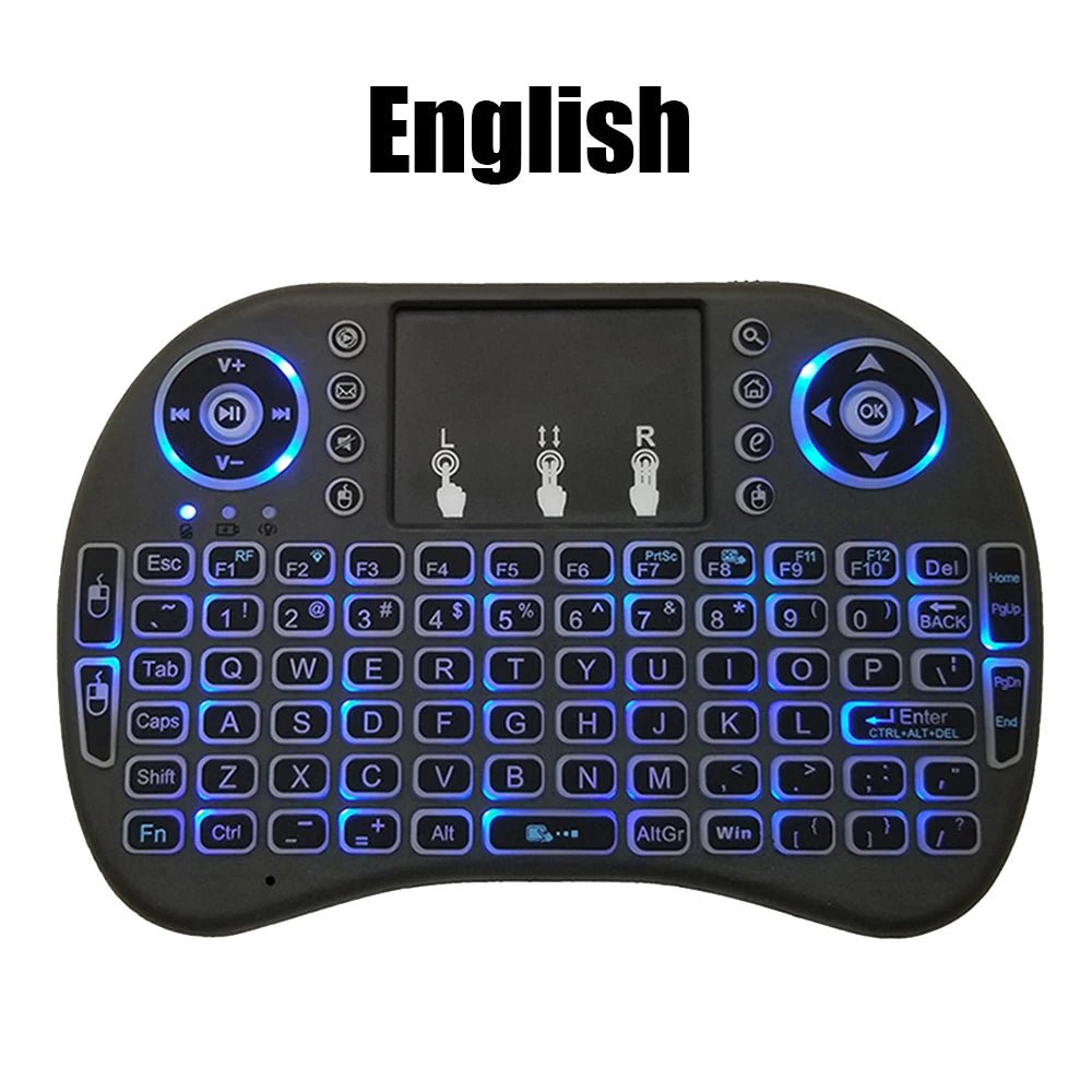 Storazone English / Lithium Version 2.4G Air Mouse with Touchpad Keyboard i8 Arabic French Spanish Russian Backlit Mini Wireless Keyboard for PC Android TV Box