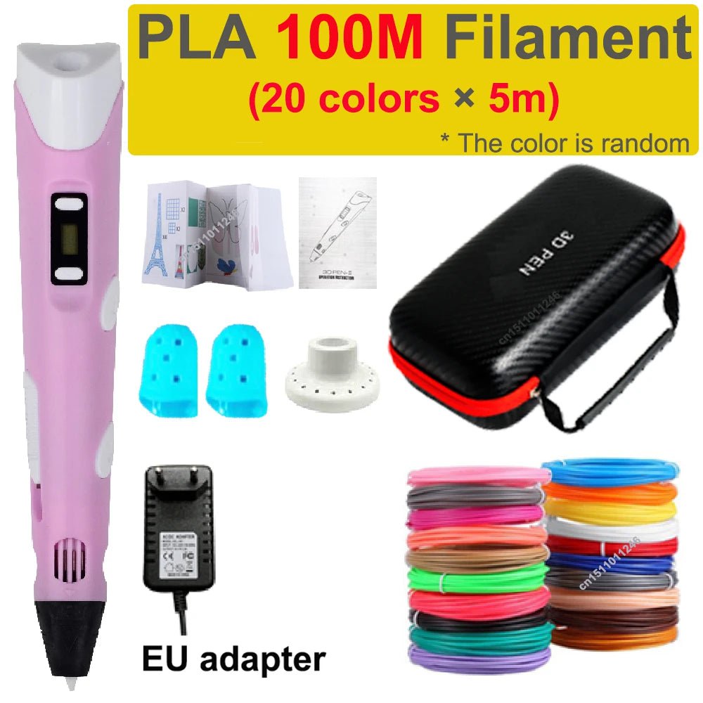 Storazone EU add 100M PLA 1 3D Pen 3d Printing Pen Children DIY Drawing Pens PLA Filament Birthday Christmas Boys Girls Gift For Kids With Travel Case