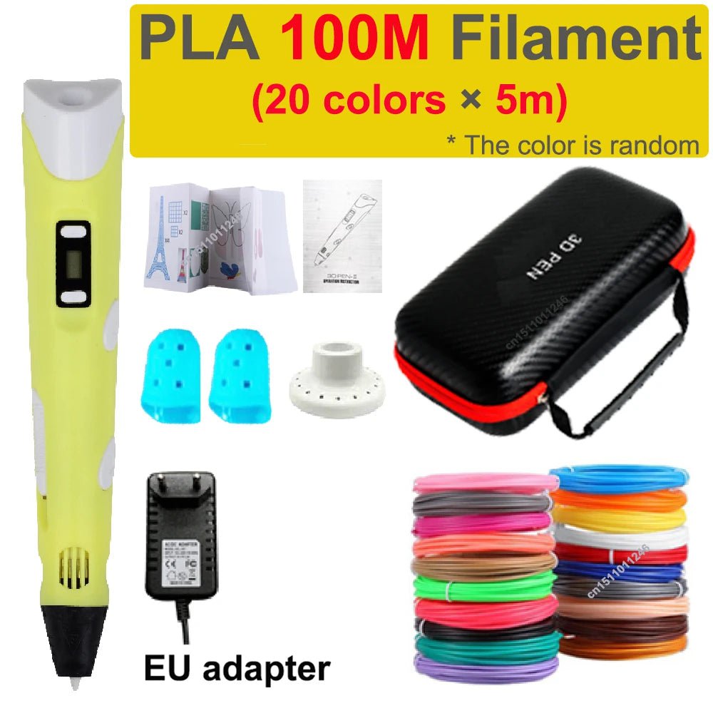 Storazone EU add 100M PLA 2 3D Pen 3d Printing Pen Children DIY Drawing Pens PLA Filament Birthday Christmas Boys Girls Gift For Kids With Travel Case