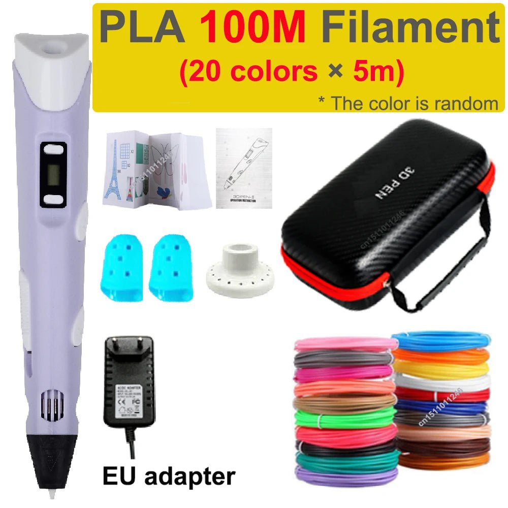 Storazone EU add 100M PLA 3 3D Pen 3d Printing Pen Children DIY Drawing Pens PLA Filament Birthday Christmas Boys Girls Gift For Kids With Travel Case