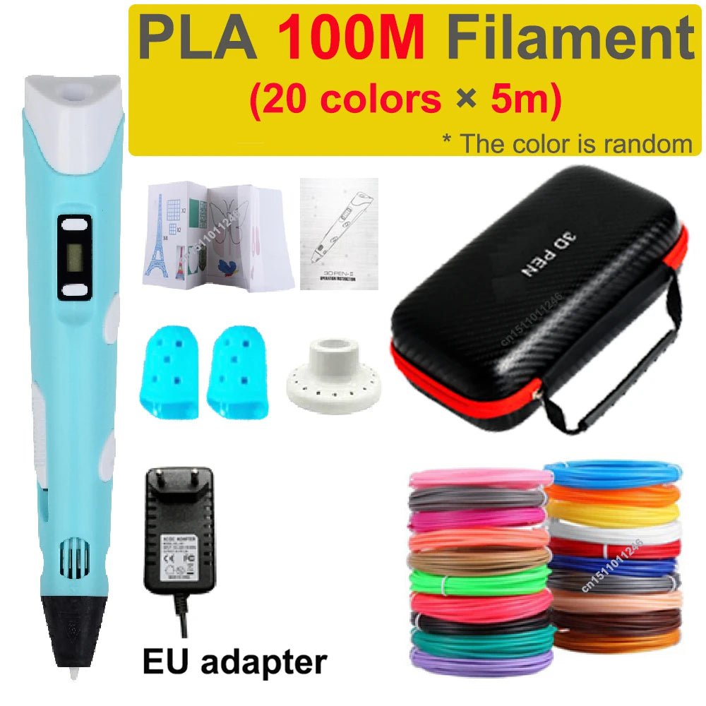 Storazone EU add 100M PLA 3D Pen 3d Printing Pen Children DIY Drawing Pens PLA Filament Birthday Christmas Boys Girls Gift For Kids With Travel Case