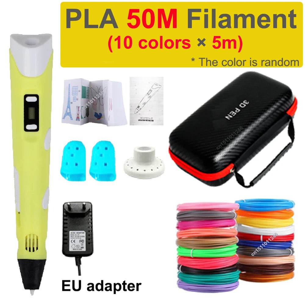 Storazone EU add 50M PLA 2 3D Pen 3d Printing Pen Children DIY Drawing Pens PLA Filament Birthday Christmas Boys Girls Gift For Kids With Travel Case