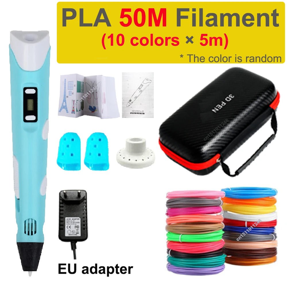 Storazone EU add 50M PLA 3D Pen 3d Printing Pen Children DIY Drawing Pens PLA Filament Birthday Christmas Boys Girls Gift For Kids With Travel Case