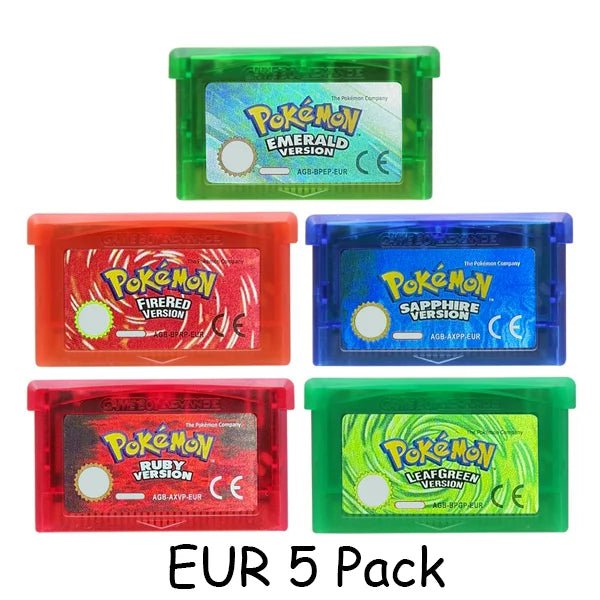 Storazone EUR 5 Pack GBA Game Pokemon Series 32 Bit Video Game Cartridge Console Card Pokemon Emerald Ruby FireRed LeafGreen Sapphire Multi-language