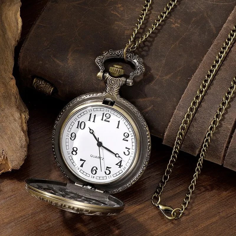 Storazone Exquisite Famous Anime Yellow Hat Hollow Carved Quartz Pocket Watch Necklace Pendant Gifts For Women Man with Fob Chain
